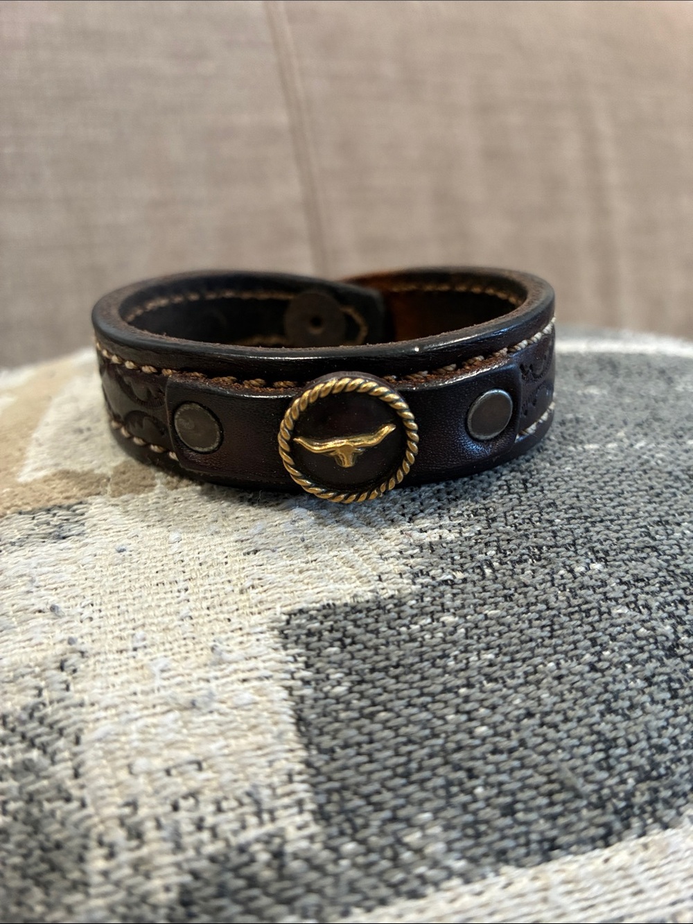 Dark Brown Leather Bracelet with Brass Longhorn Accent